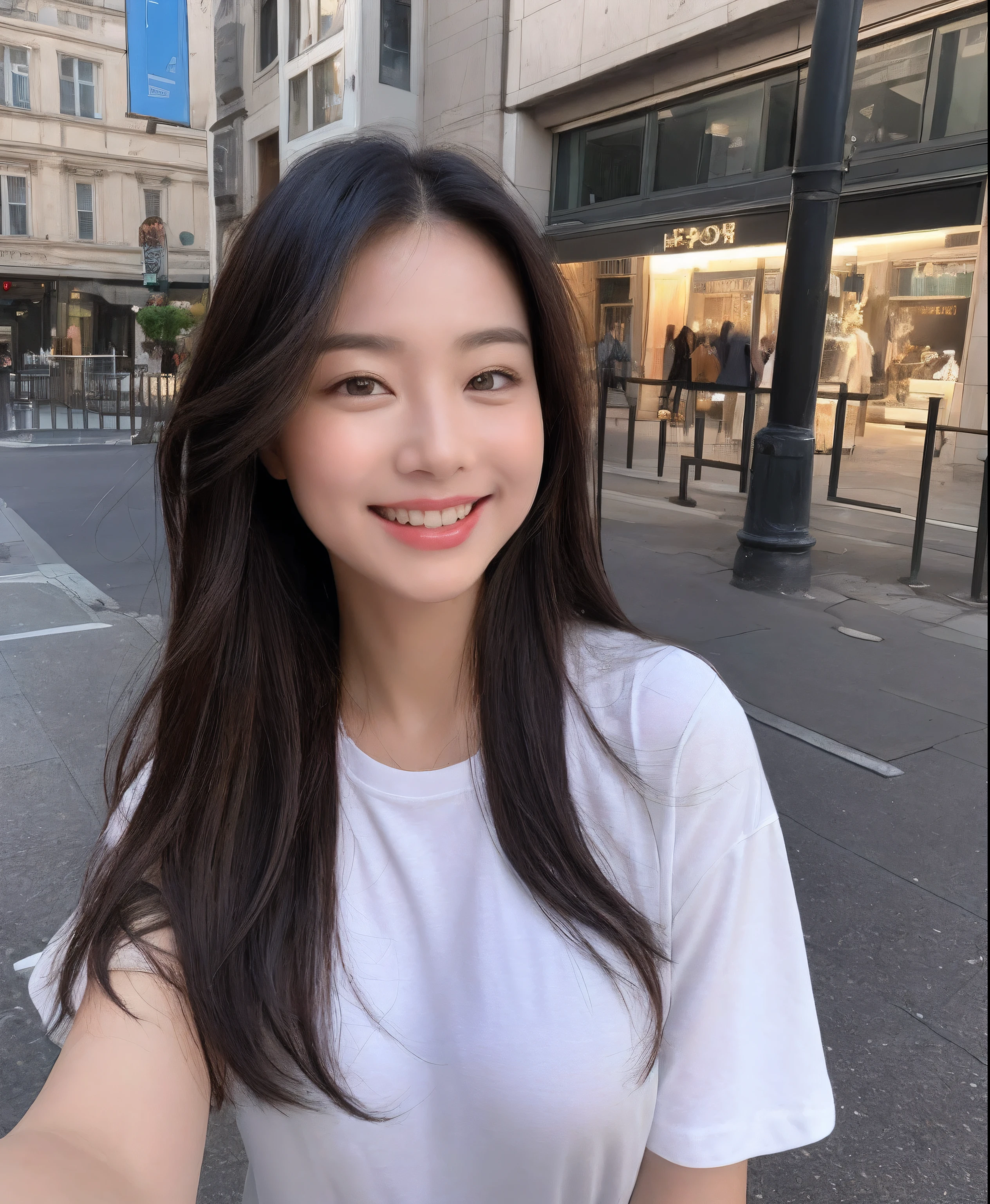 ((top quality、in 8K、masterpiece:1.3))、1 girl in、Beautiful woman with chubby abs emphasized:1.3、(long-haired、Colossal tits:1.2)、in the city、very gentle face、useful、Double eyelid、smile, which showed teeth、in a T-shirt、looking at the camera、Big smile、Look here、Look at me with your eyes wide open、A feeling of coziness、Take a walk around the city、We put on a T-shirt and walk around the city、
