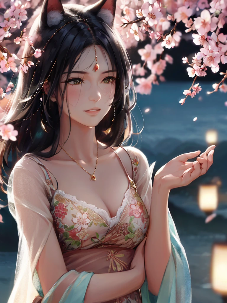 anime style, super fine illustration, highly detailed, dynamic angle, beautiful detailed, 8k, On a spring night, the cherry trees illuminated by the city lights are quietly shining. BREAK A woman stands still, captivated by the beautiful scene, watching the cherry blossoms flutter down. BREAK Her expression tells of her heartfelt admiration for the arrival of spring and the beauty of the cherry blossoms. very good illustration, High detail, dynamic angle, beautiful detailing,2D, (Best quality, masterpiece, Beauty, tenderness), Anime, Highly detailed face, very detailed eyes, very detailed background, Ideal lighting, Whole body, 1 girl, One, (Very detailed cat ears), (Very detailed ears behind the hair), Finely detailed eyes, ears covered with hair,