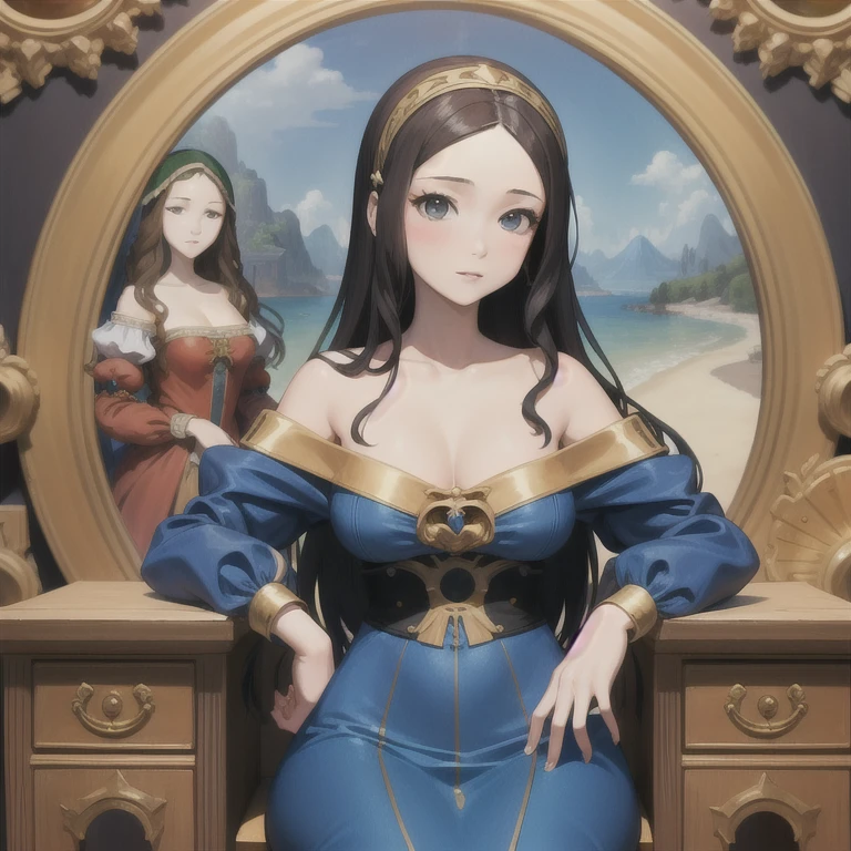 La Joconde, 25 ans, Mona Lisa, robe renaissance, posant dans un atelier de peintre, assise sur un tabouret, bodypainting