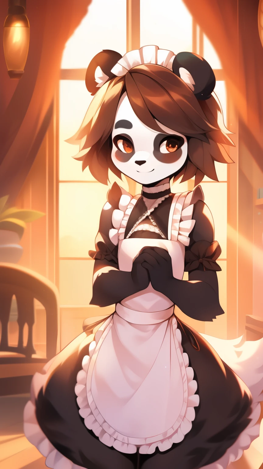 Best quality, super detailed illustration, warm colors, Ideal lighting, Perfect detail, ( boy Fluffy panda:1.4) , feminine face and body, disheveled thick hair, Maid clothes, shy smile, Femboy, small waist, wide hips, slim, perfect body, style &quot;DND&quot;