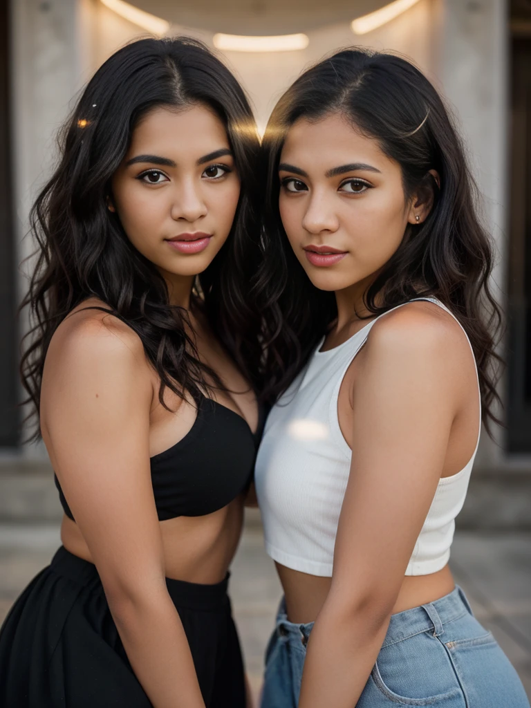 Two light-skinned Puerto Rican girls with long black curly hair pose for a realistic portrait captured with a Nikon Z 8 camera and a Nikon NIKKOR Z 70-200mm f/2.8 S lens. A ring light illuminates the scene, enhancing their features.