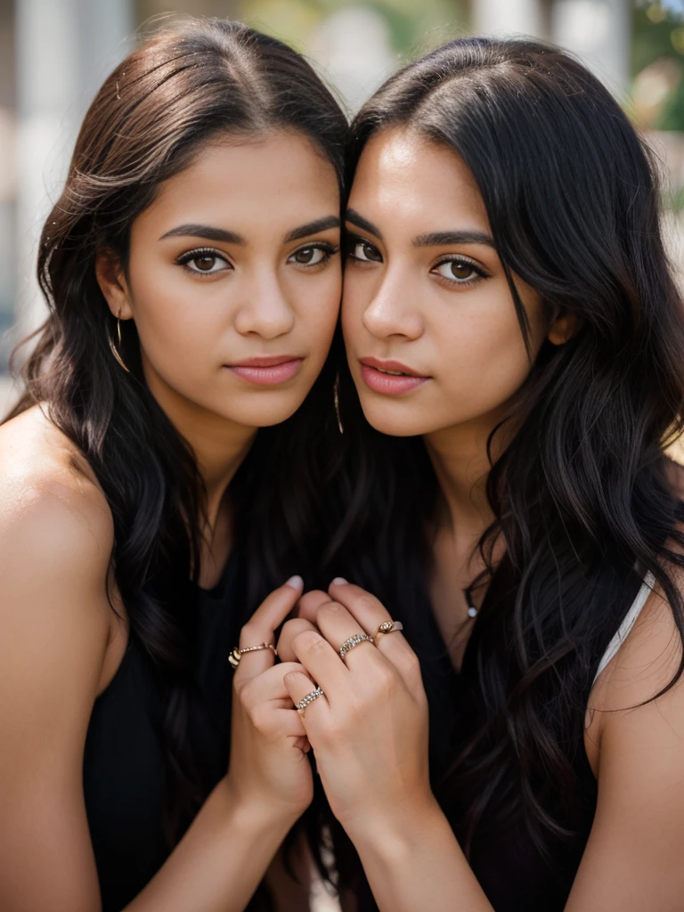 Two light-skinned Puerto Rican girls with long black curly hair pose for a realistic portrait captured with a Nikon Z 8 camera and a Nikon NIKKOR Z 70-200mm f/2.8 S lens. A ring light illuminates the scene, enhancing their features.