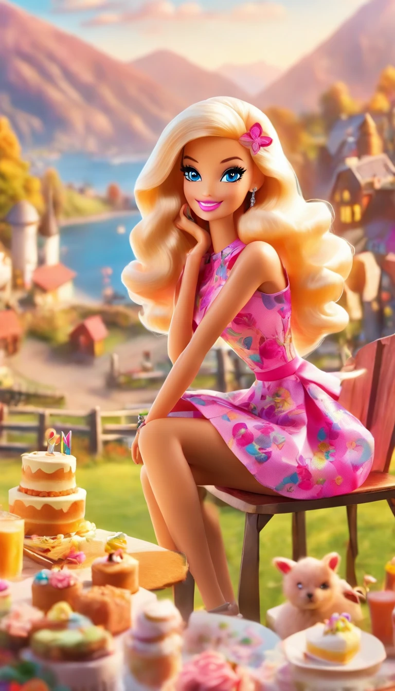 Barbie is now on her farm, The background shows a city surrounded by sea and mountains, Hay muchas flores rosadas. She is sitting in her chair at the birthday table there is a Barbie cake