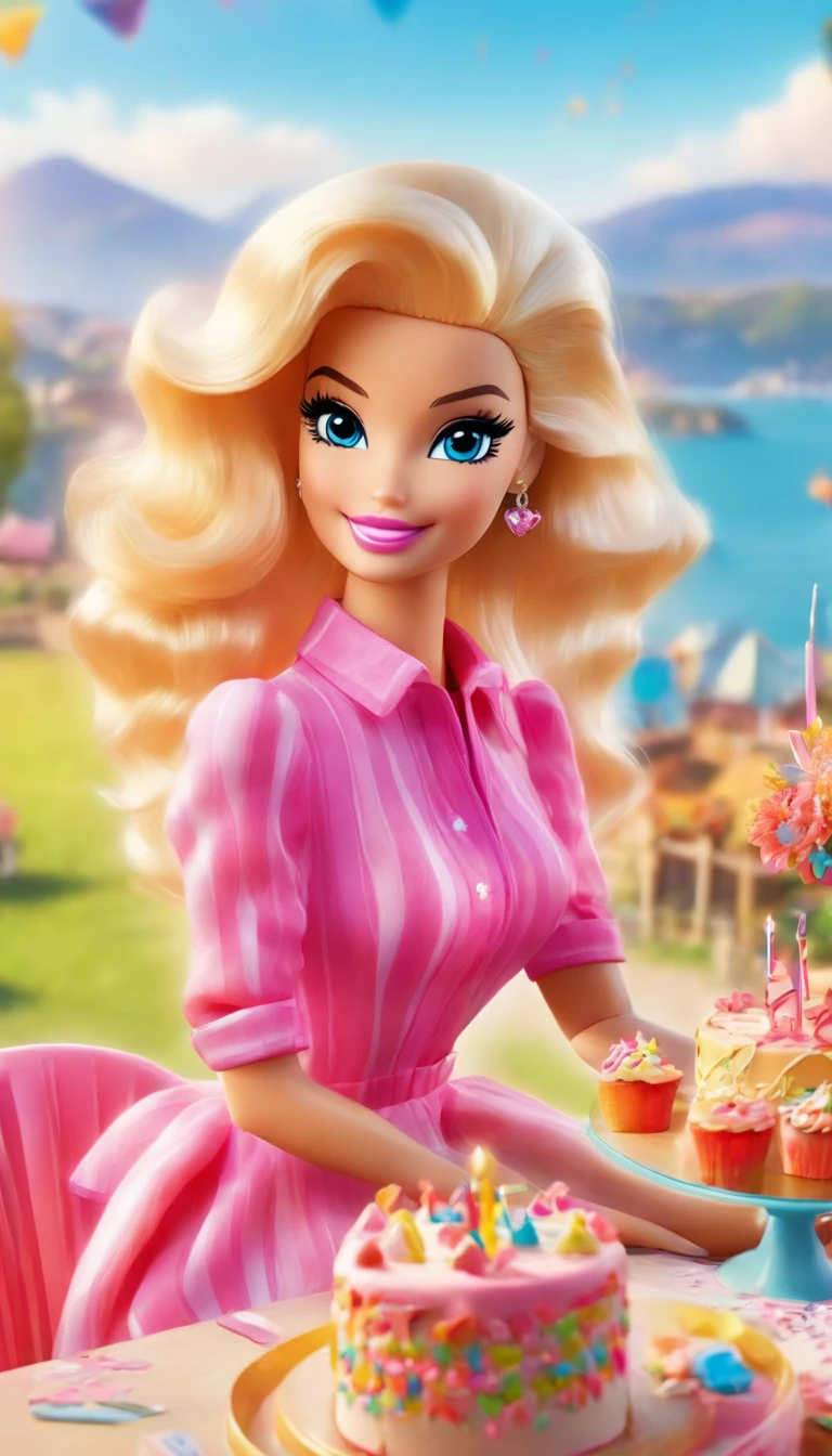 Barbie is now on her farm, The background shows a city surrounded by sea and mountains, Hay muchas flores rosadas. She is sitting in her chair at the birthday table there is a Barbie cake