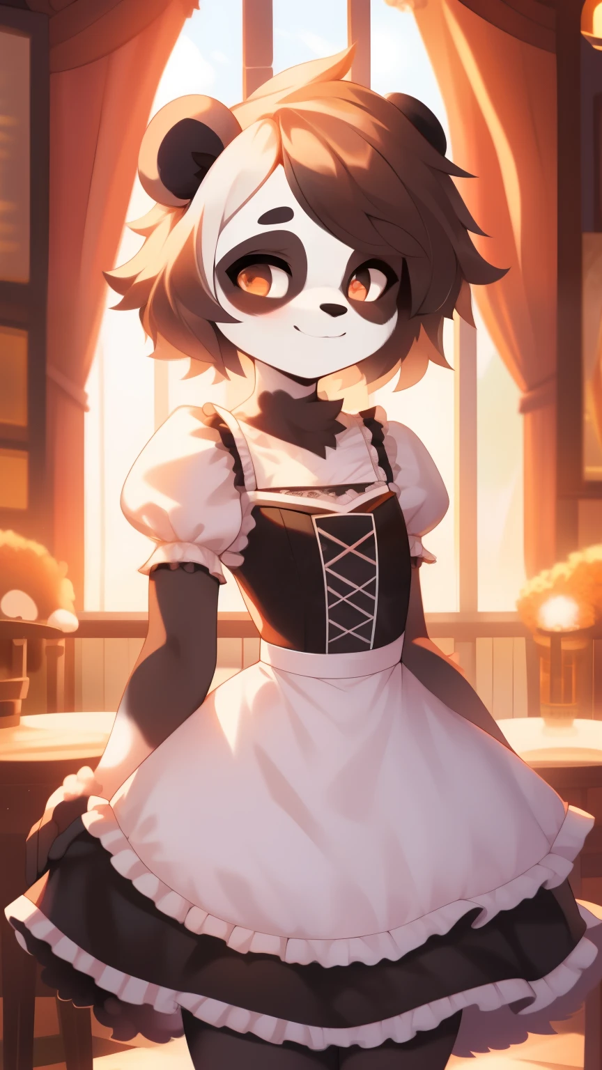 Best quality, super detailed illustration, warm colors, Ideal lighting, Perfect detail, ( boy Fluffy panda:1.4) , feminine face and body, disheveled thick hair, Maid clothes, shy smile, Femboy, small waist, wide hips, slim, perfect body, style &quot;DND&quot;