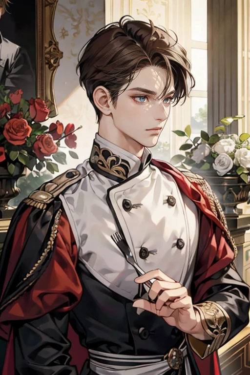 (chef-d'artwork, High resolution, ultra-detailed:1.0), (1boy, Adult male), Corps masculin parfait,Les yeux regardent la caméra, (prince:1.3), Yeux délicats et visage délicat, Extremely detailed CG, Fond d'8k unit screen, Complicated details, seule personne, detailed face, (Costume royal rouge et noir, with short, brown hair, yeux noirs, expression neutre), outside, Sonoko, fleurs et arbres, Marbled columns, Différence de couleur, profondeur de champ, ombre dramatique, laser trace, best quality, portrait