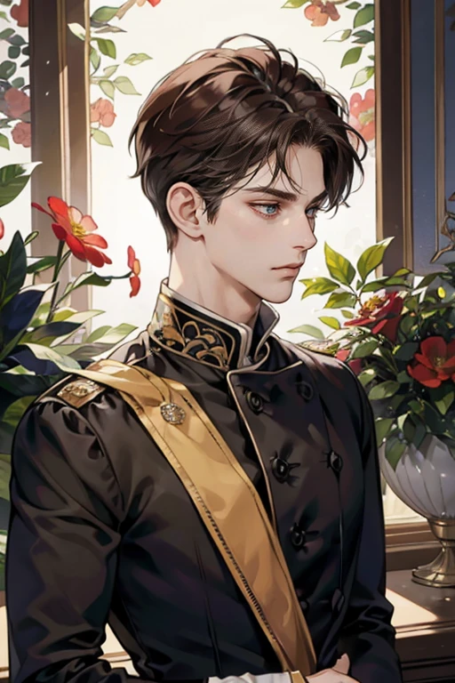 (chef-d&#39;artwork, High resolution, ultra-detailed:1.0), (1boy, Adult male), Corps masculin parfait,Les yeux regardent la caméra, (prince:1.3), Yeux délicats et visage délicat, Extremely detailed CG, Fond d&#39;8k unit screen, Complicated details, seule personne, detailed face, (Costume royal rouge et noir, with short, brown hair, yeux noirs, expression neutre), outside, Sonoko, fleurs et arbres, Marbled columns, Différence de couleur, profondeur de champ, ombre dramatique, laser trace, best quality, portrait