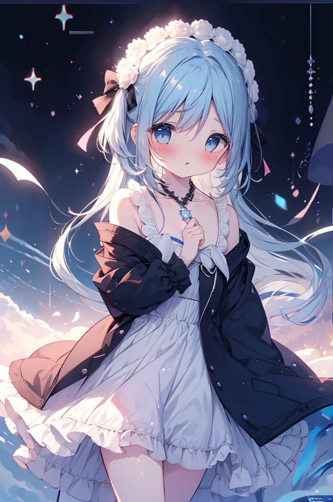 ((masterpiece, best quality, extremely detailed, absurdres)),, masterpiece, best quality, extremely detailed, (((light blue long hair))), long hair cute anime faces,detailed light,parted lips,shiny、beautiful detailed face,,longhair、(((( light blue long hair)))),,, , 1girl, solo, flat chest, blush, bangs, , cheveux noirs et blancs, collier pour chat noir, star-shaped pupil, beautiful detailed eyes, yeux bleus, Jewel-like eyes, seins, Nombril, chambre de fille japonaise, fille sur le lit, premiere vue sur le terrain, Ahoge, hair over shoulder, very long hair, very thick hair,hugging your own legs, beautiful necklace in cuir bijou detail, sourire, Embarrassed, rougir, tear, High detail, Anime, romantisme, scintiller, silhouette, profondeur de champ, UHD, retina, Masterpiece, ccurate, anatomiquement correct, textured skin, super detail, High Details, award winning, Best quality, high resolucion, High quality, 16k