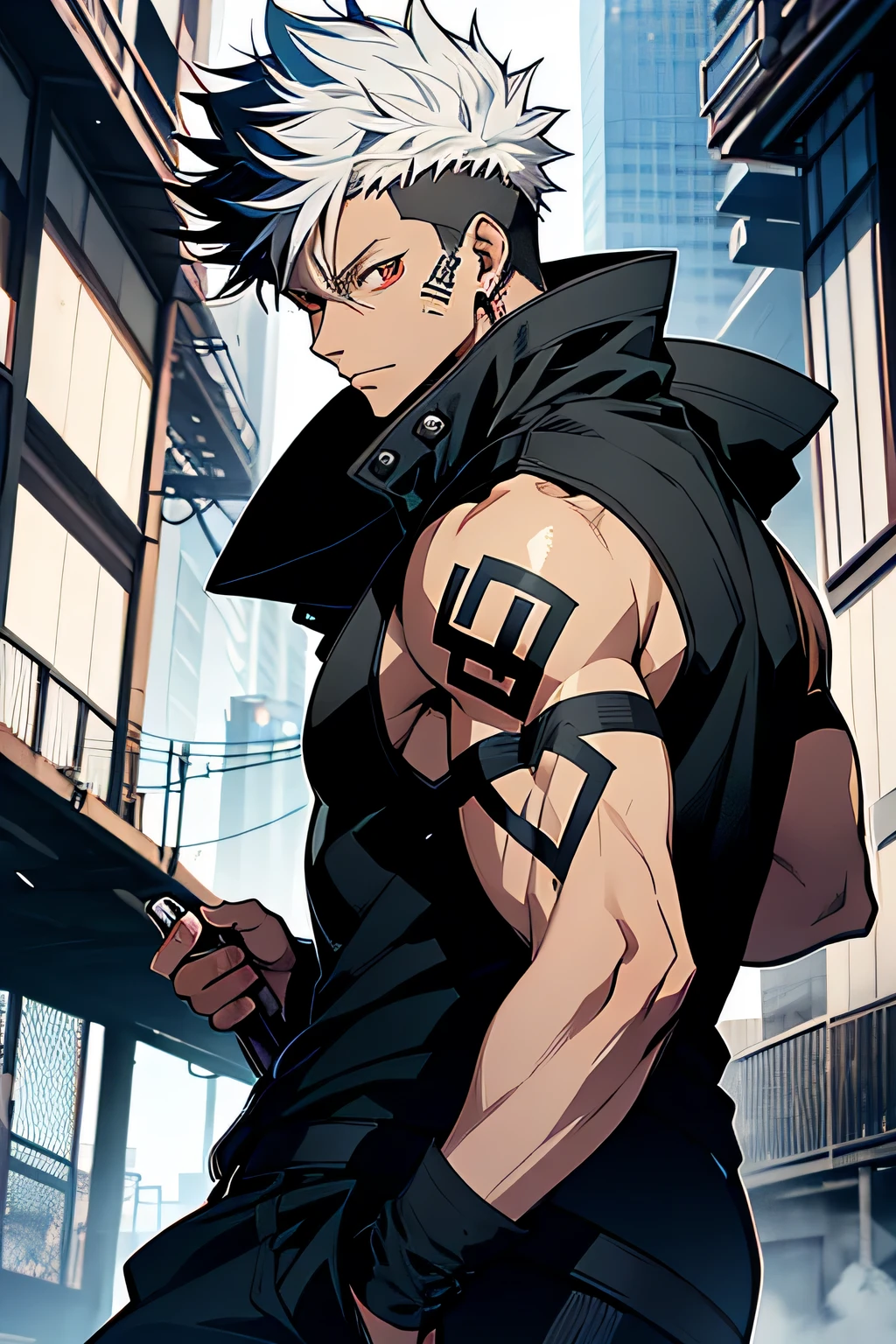 Personagem masculino negro inspirado em megumi ( Jujutsu Kaisen ) com cabelo preto cacheado, Neck tatoo, adolescente, roupa preta com azul escuro sem abertur