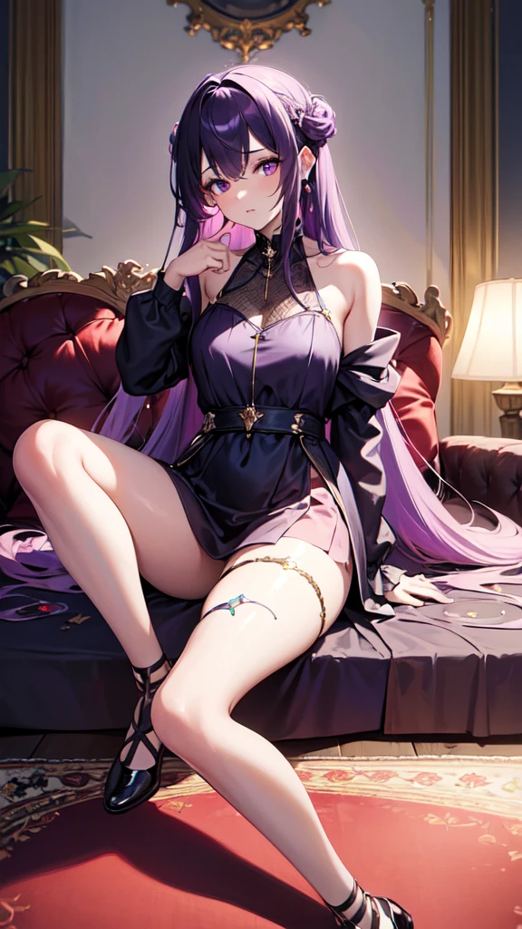 (((masterpiece))), best quality, illustration, 4K wallpaper, cinematic light, Absurdres, protrait of 1girl, long hair, purple crystal hair, glow hair, bloom hair, clothing princess, looking front, sitting on the floor, legs spread wide 