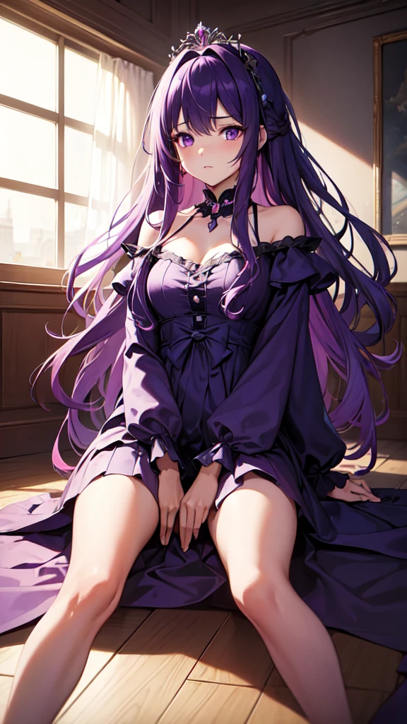 (((masterpiece))), best quality, illustration, 4K wallpaper, cinematic light, Absurdres, protrait of 1girl, long hair, purple crystal hair, glow hair, bloom hair, clothing princess, looking front, sitting on the floor, legs spread wide