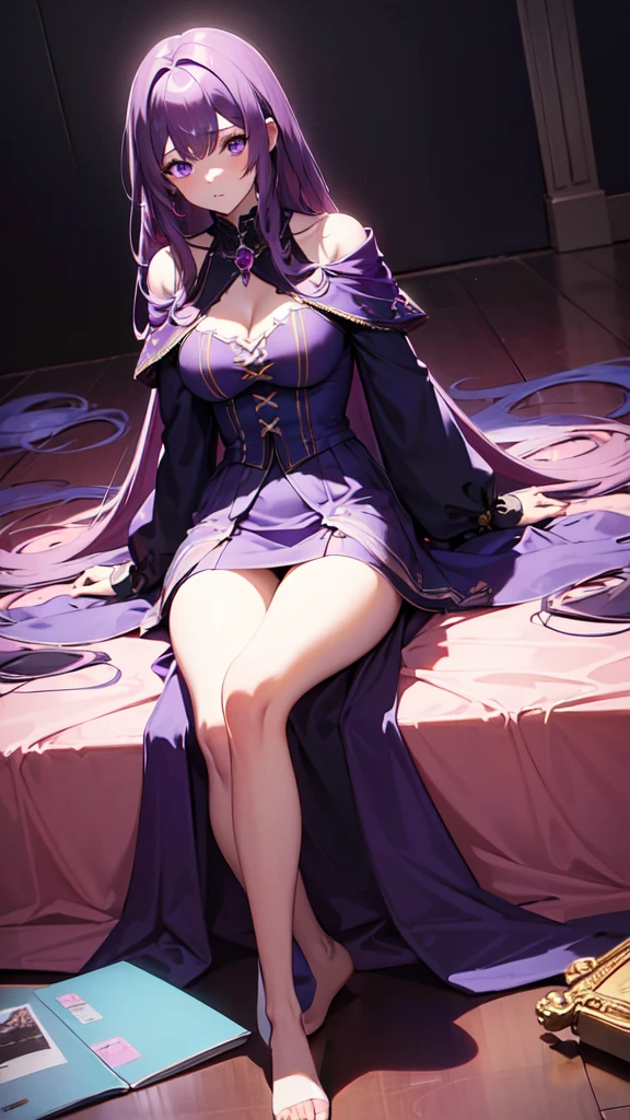 (((masterpiece))), best quality, illustration, 4K wallpaper, cinematic light, Absurdres, protrait of 1girl, long hair, purple crystal hair, glow hair, bloom hair, clothing princess, looking front, sitting on the floor, legs spread wide