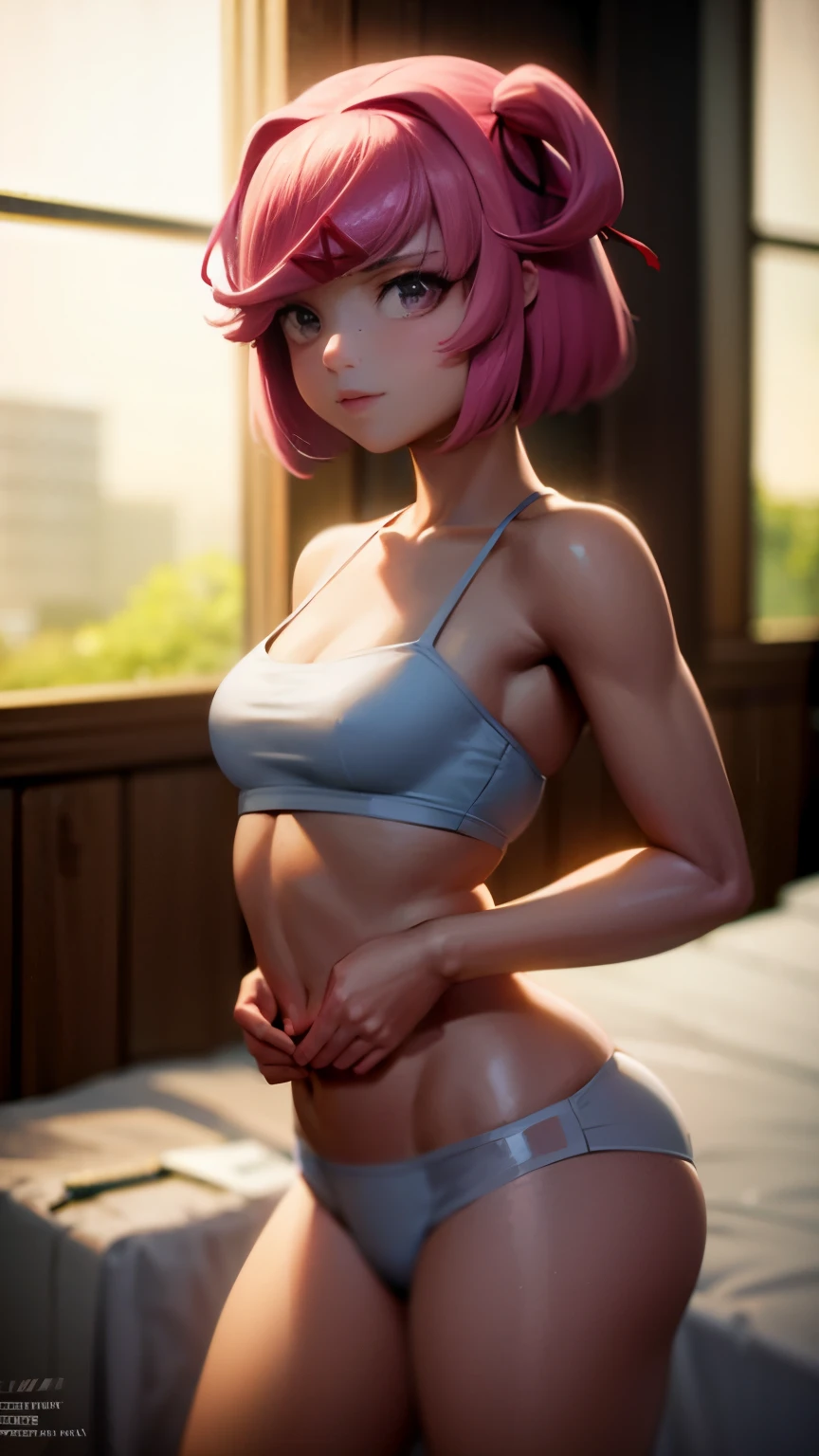 (High resolution), 4k, 8k, (detailed illustration), Ultra-detailed, Ambient light, backlight, realistic shadows, Soft light, Soft lighting, white light, white lighting, reflets, detailed face, (detailed hair:1.2), (hyper detailed eyes:1.2), Dim light, indirect lighting, reflets, detailed face, (detailed hair:1.2), (hyper detailed eyes:1.4), (desaturated:1.4), (To L&#39;interior:1.2), regarder le spectateur, (1filles:1.4), rougir, SOURIRE, haut du corps, écarter les jambes, Cheveux rose , Seins, yeux rose , main sur la hanche, huge Seins, culotte, culotte, Seulement, hauts de cuisse, cuisses, plateau, underwear, white culotte, mignon, cute, arrière-plan cuisine, arrière-plan cupcake, Natsuki, sexy