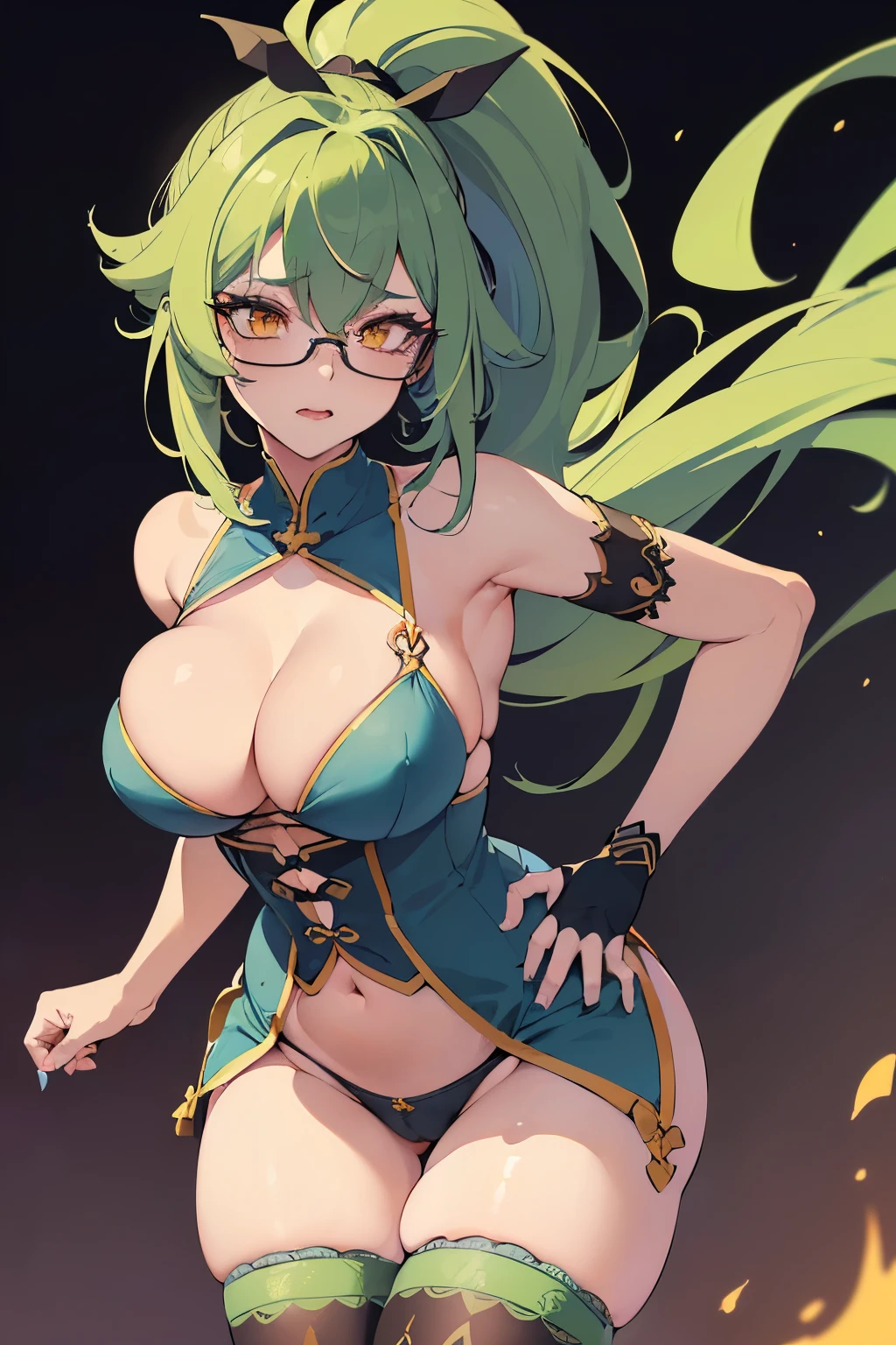 (Hilichurls:1.2) (from genshin), (gorgeous Sucrose:1.2) (from genshin), (Sucrose sits on hilichurls woman crotch:1.1), (hilichurls woman gabbing her from behind:1.1), (grabbing her breasts, the woman's arm is on side, (armpits), (heavy breasts), (ahegao face:1.1), the woman has (honey-orange eyes) and (light green hair) with a (blue streak in her bangs:1.2), (detailed face and eyes:1.2), (gathered into a ponytail), (gray stockings that support garters:1.1), glasses with semicircular horn frame, (detailed hand and finger:1.2), (medium breasts:1.2), (busty), (deep cleavage:1.2), (labia outline:1.3), (hard teat:1.3).
