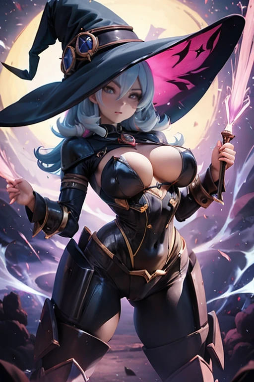 witch, big breasted, spell casting pose, power armor