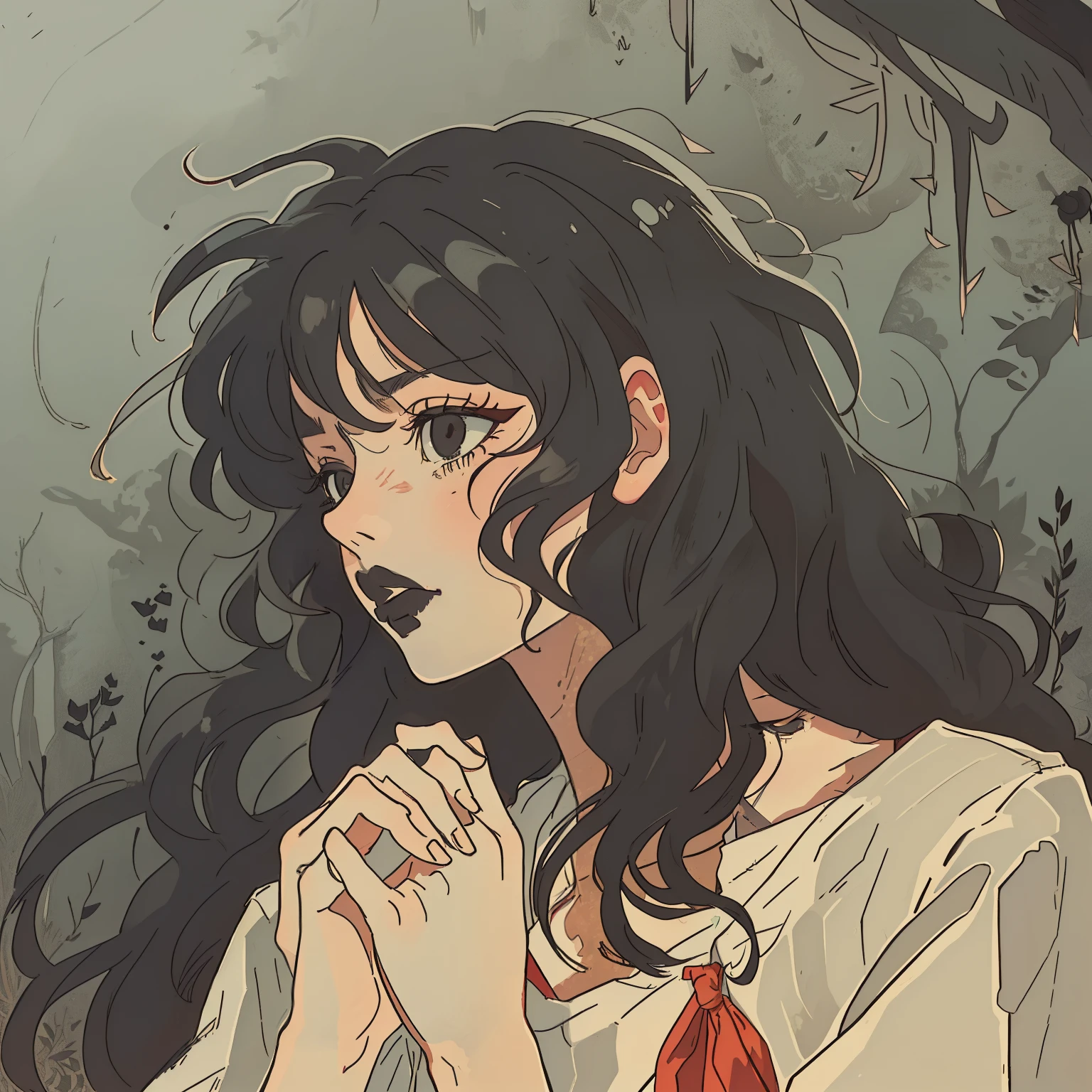 a close up of a person with long hair and a dark background, satoshi kon artstyle, with depressed eyes and curly hair, takato yamamoto aesthetic, with red backlight, by Satoshi Kon, horror wallpaper aesthetic, 8 0's horror anime, korean art nouveau anime, (dark:1.5), forest background, sketch