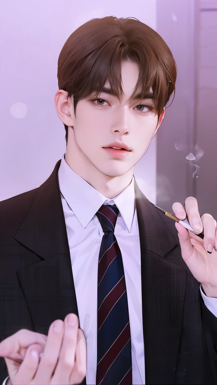 Masterpiece of man, Adult man with firm facial features like an Korean man, brown eyes, his nose is sharp, mature, brown eyes, neat short brown hair, holding a cigarette, very handsome, white, clean, smooth skin, masterpiece of man, reality man, quality of man, real man