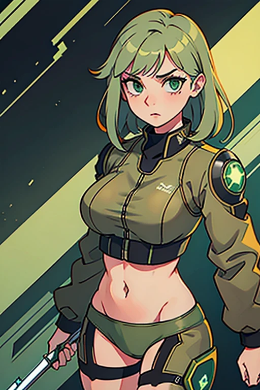 Cyborg woman, green hair, green eyes, well-defined body, robotic arms and metallic face wearing a brown leather jacket and black panties