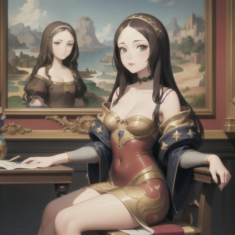 La Joconde, 25 ans, Mona Lisa, robe renaissance, posant dans un atelier de peintre, assise sur un tabouret, bodypainting