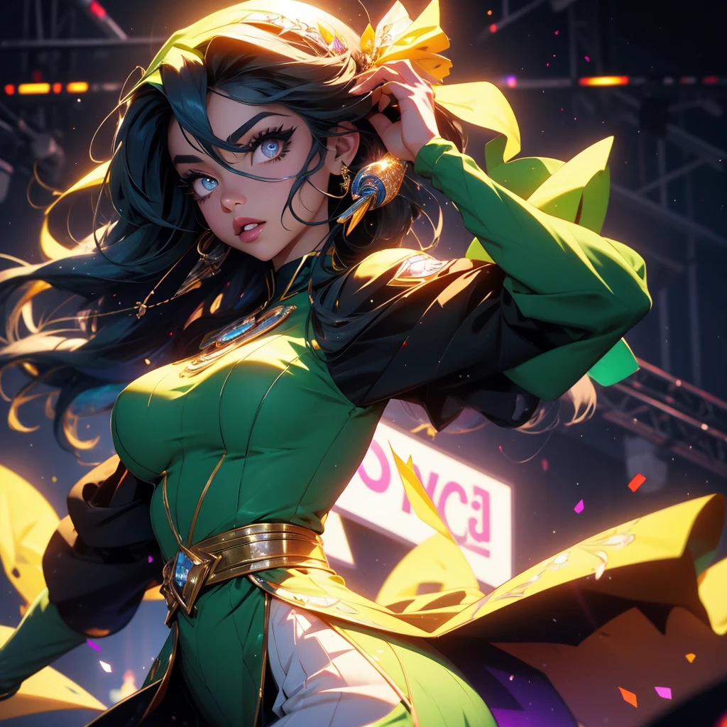 A gorgeous, frog cosplay singer with a generous breasts and an hourglass figure, performing on stage for a comic convention crowd. (best quality, ultra-detailed:1.2), vivid colors, sharp focus, portrait, stage lighting, beautiful detailed eyes, beautiful detailed lips, long eyelashes, microphone, energetic performance, dynamic pose, audience cheering, lively atmosphere, 3D rendering, vibrant stage backdrop, colorful lights, professional makeup, costume details