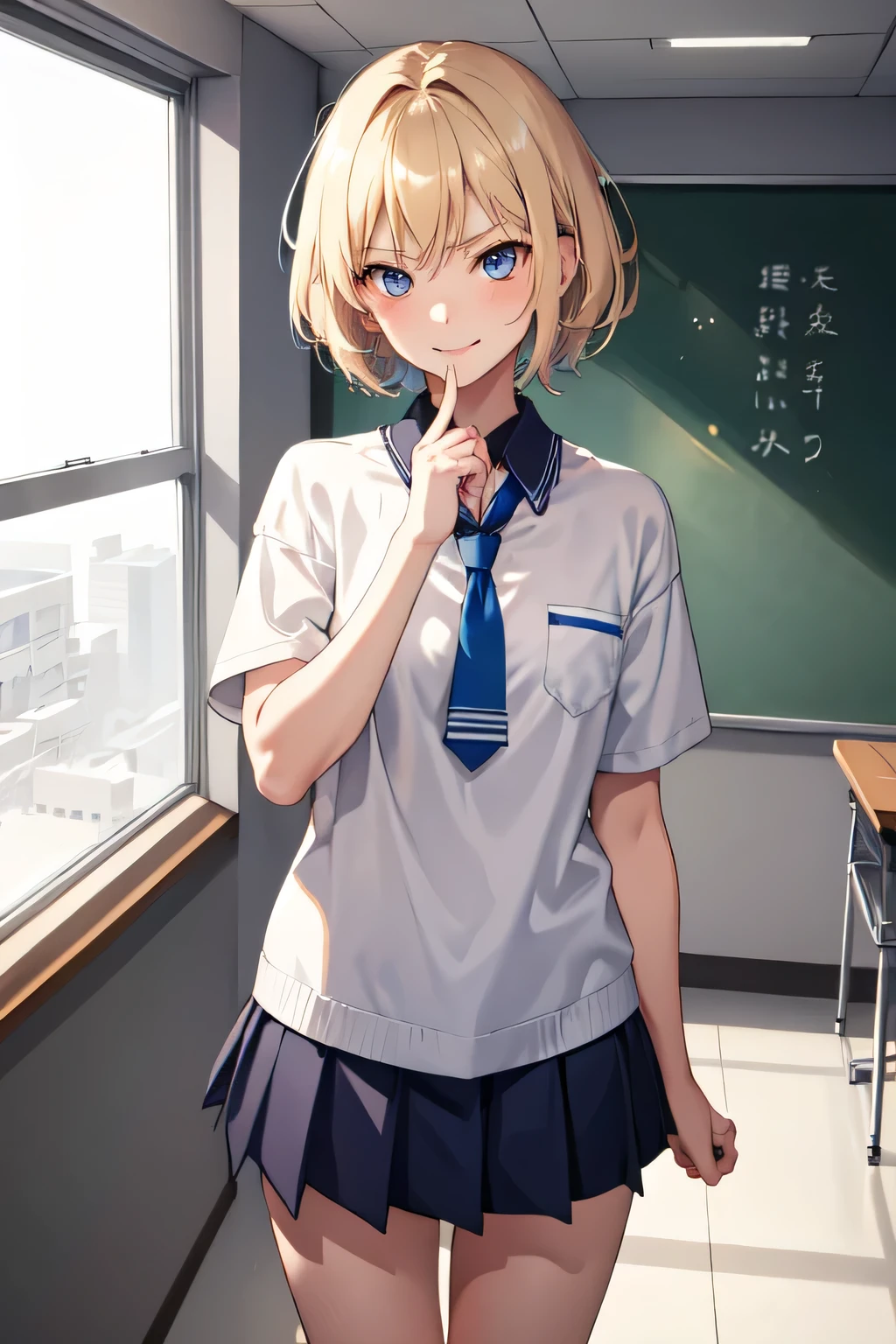 1girl,18y.o,blue eyes,blonde hair,mullet haircut,short hair,school outfit,medium size,classroom background,an annoyed smile