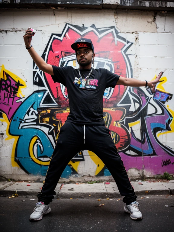 Street Dancer,south bronx hiphop, hip hop, wrap ,Graffiti art, against the backdrop of the city,(80's), (Boombox), Intricate details, Super detailed , Cinema Soft Light, Exposure Blending, Dynamic Range, front
