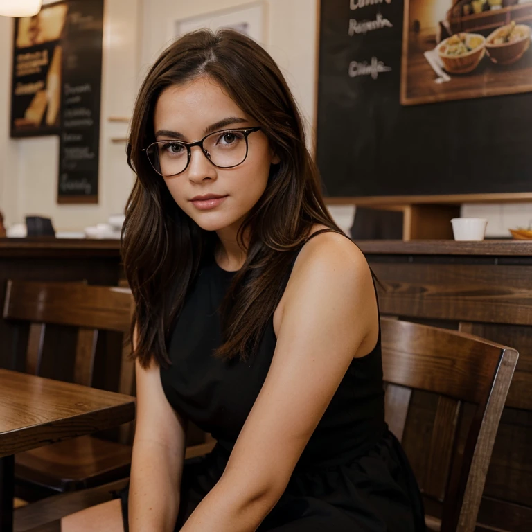 Beautiful, brown haired, woman, perfect face, wearing black regular glasses, sitting in a restaurant, wearing a black dress