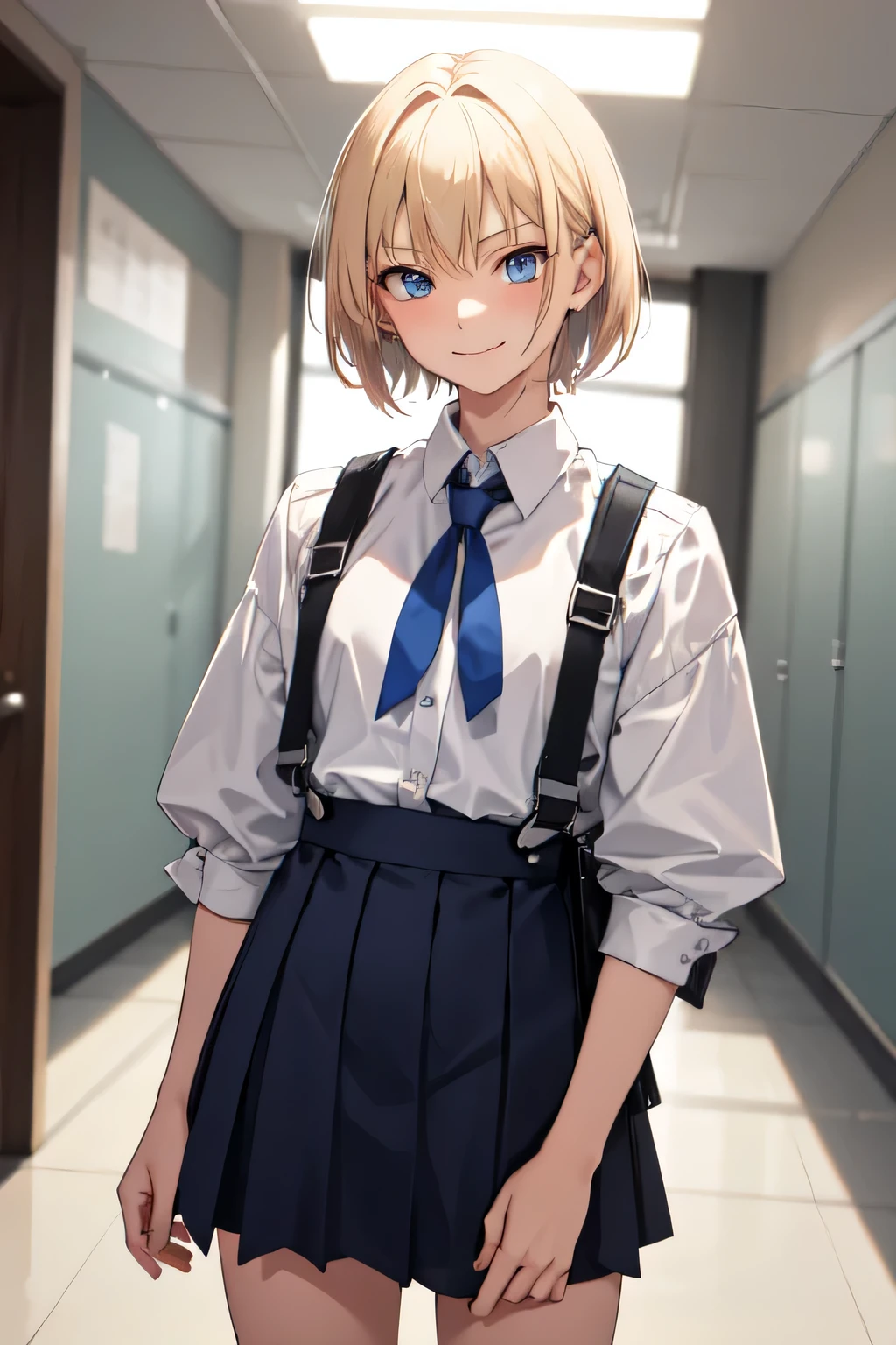 1girl,18y.o,blue eyes,blonde hair,mullet haircut,short hair,senior highschool outfit,medium size,classroom background,an annoyed smile