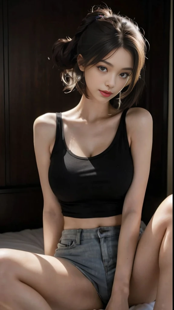 (lifelike, high - resolution:1.3), 1 girl with a perfect body, Super fine face and eyes,slong hair, Tank top of random colors:1.2, short jeans, big boob,Expose cleavage