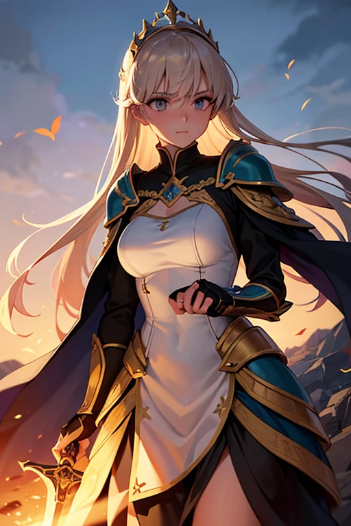 At the top of a steep hill, against the twilight horizon, an imposing figure stands with majesty. A woman, wearing full armor, stands at the highest point of the terrain, gazing determinedly into the valley below. Her helmet is adorned with intricate details, with a visor that reveals only her resolute eyes, shining with the golden light of the setting sun. Her armor, polished to an impeccable shine, is a masterpiece of craftsmanship, each plate meticulously forged to offer maximum protection without compromising mobility. Each piece gleams as it reflects the last rays of sunlight, creating a striking contrast with the somber landscape around her. In her right hand, she holds a longsword, whose gleaming blade seems eager to challenge any adversary that dares to cross her path. In the left, a shield adorned with a familiar crest, symbol of her lineage and heritage. The wind gently stirs the cape that envelops her shoulders, highlighting her firm and confident posture. She is a fearless warrior, a defender of her realm and her people, ready to face any challenge that fate may hold. Around her, the medieval scenery unfolds in all its grandeur. Castle towers rise against the orange-tinted sky, while verdant fields stretch as far as the eye can see. The distant sound of church bells and the clashing of swords echo through the air, reminding her of the constantly conflicted world she has sworn to protect. In this solemn moment, she prepares to descend the steep slope toward the valley below, where destiny awaits with its challenges and dangers. But she does not falter; her heart is filled with courage and determination, ready to face any battle that life may present her.