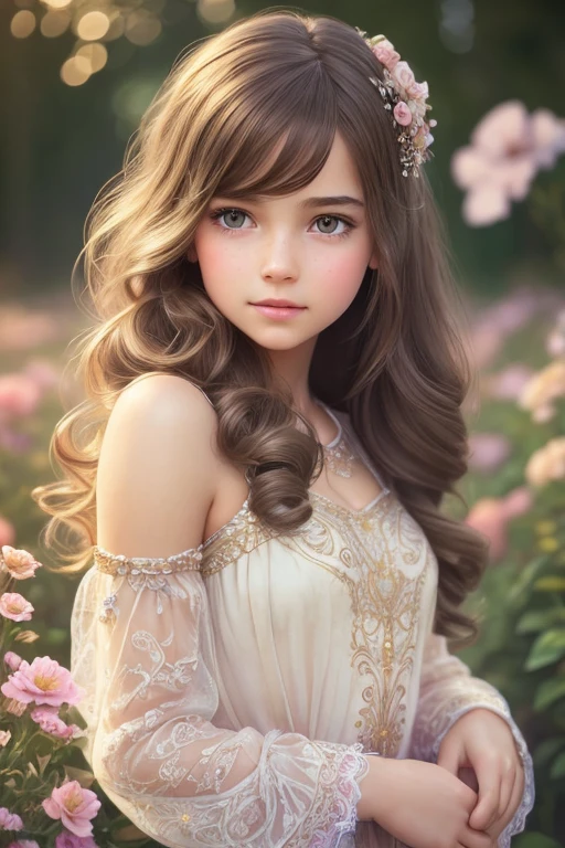 (Cinematic Photo:1.3) of (Realistic:1.3),(Cosy:1.3) beautiful young girl, (intricate cute brown hair), highly detailed skin textures, lifelike skin texture, looking directly at camera, (looking at viewer), pouting lips, Pastel, glitter, dramatic, dreamy, pastel flower garden, elegant, Whimsical, Delicate, Highly detailed, Intricate, UHD digital photo, Fantasy theme, Fantasy concept art, glamour girl, beautiful young girl, perfect body, highly detailed full body shot, dreamy, pastel, Watercolor, Whimsical, Delicate, detailed hair ribbon, Highly detailed texture, life like texture, digital painting, Highly Detailed photograph,(Art Deco:1.3),(Photorealism:1.3),Fujifilm Superia:1.3),naturalism, golden hour light