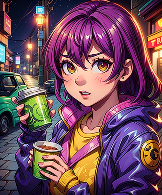 a woman in a yellow jacket holding a cup of coffee, extremely detailed artgerm, anime girl drinks energy drink, senna from league of legends, lovely brigitte from overwatch, brigitte from overwatch, ruan jia and artgerm, trending artgerm, faye valentine, like artgerm, range murata and artgerm, ig model | artgerm