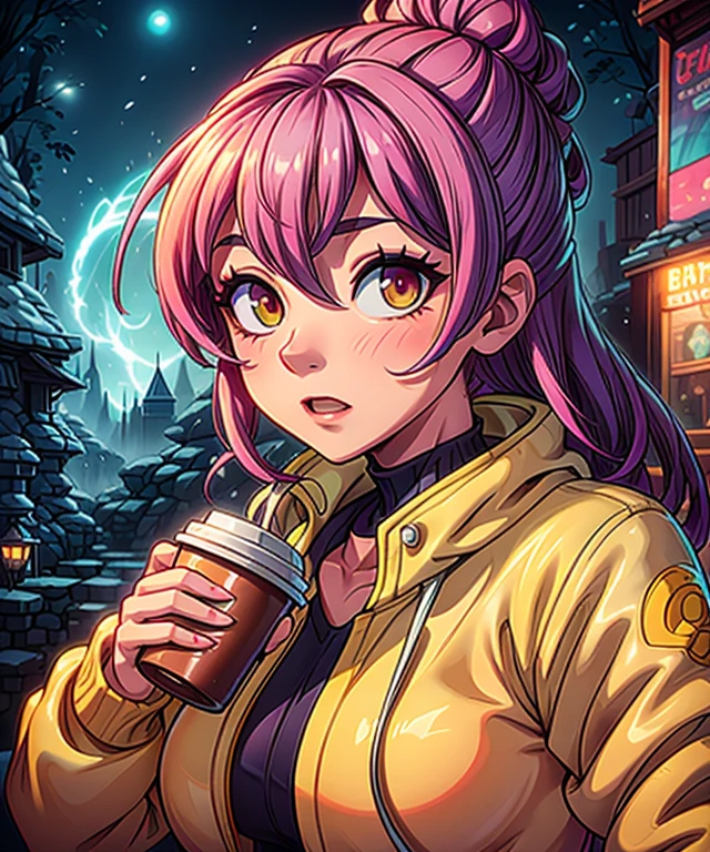 a woman in a yellow jacket holding a cup of coffee, extremely detailed artgerm, anime girl drinks energy drink, senna from league of legends, lovely brigitte from overwatch, brigitte from overwatch, ruan jia and artgerm, trending artgerm, faye valentine, like artgerm, range murata and artgerm, ig model | artgerm