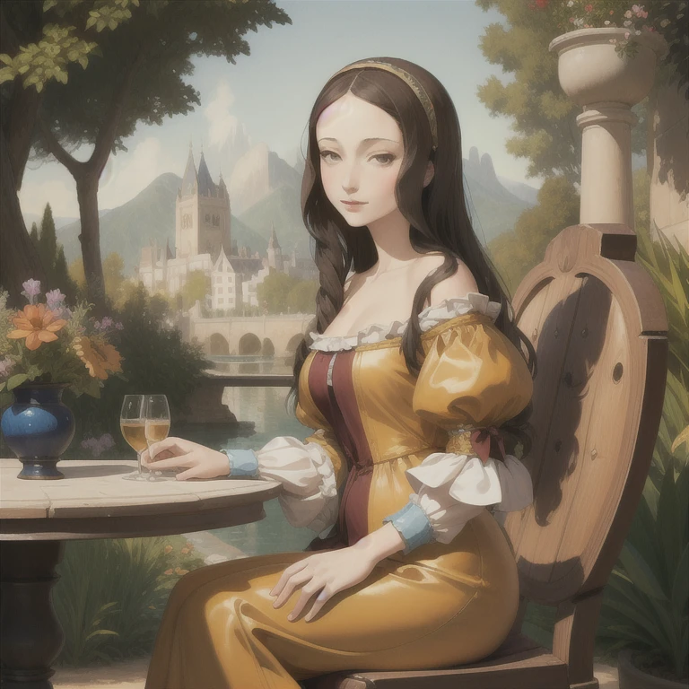 Woman sitting on bench with wine glass, Grape batake,grape、Grape leaves、 holding a glass of wine, holding glass of wine, in style of digital illustration, wining, vignette illustration, colored screentone, wine label, colored illustration, colored illustration、、Decorative、Art Nouveau、scrollwork、Frenchman、medieval Europe、White dress、Look at the glass、A slight smile、plump breasts