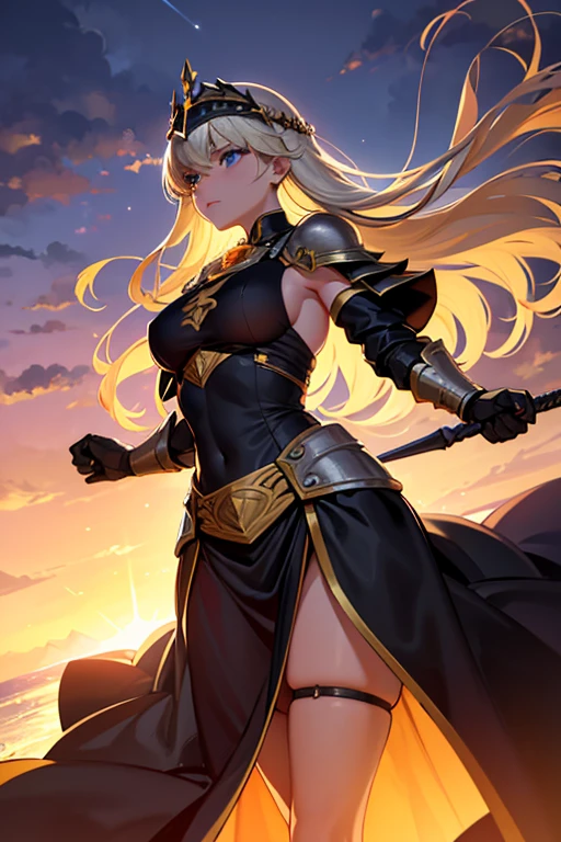 At the top of a steep hill, against the twilight horizon, an imposing figure stands with majesty. A woman, wearing full armor, stands at the highest point of the terrain, gazing determinedly into the valley below. Her helmet is adorned with intricate details, with a visor that reveals only her resolute eyes, shining with the golden light of the setting sun. Her armor, polished to an impeccable shine, is a masterpiece of craftsmanship, each plate meticulously forged to offer maximum protection without compromising mobility. Each piece gleams as it reflects the last rays of sunlight, creating a striking contrast with the somber landscape around her. In her right hand, she holds a longsword, whose gleaming blade seems eager to challenge any adversary that dares to cross her path. In the left, a shield adorned with a familiar crest, symbol of her lineage and heritage. The wind gently stirs the cape that envelops her shoulders, highlighting her firm and confident posture. She is a fearless warrior, a defender of her realm and her people, ready to face any challenge that fate may hold. Around her, the medieval scenery unfolds in all its grandeur. Castle towers rise against the orange-tinted sky, while verdant fields stretch as far as the eye can see. The distant sound of church bells and the clashing of swords echo through the air, reminding her of the constantly conflicted world she has sworn to protect. In this solemn moment, she prepares to descend the steep slope toward the valley below, where destiny awaits with its challenges and dangers. But she does not falter; her heart is filled with courage and determination, ready to face any battle that life may present her.