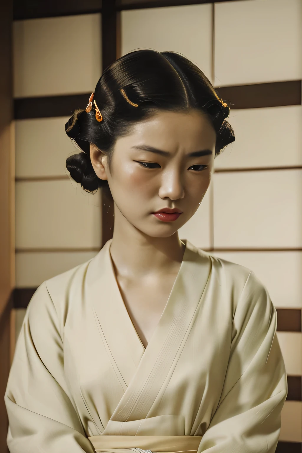 Kioto, 1949. A young ((((29-year-old)) Sayuri)), strikingly beautiful, delicate facial features, porcelain skin, expressive eyes, ((sad expression, crying)), ((((japanese clothings from the 1940s)))), ((hairstyle of the 1940s)), colorful