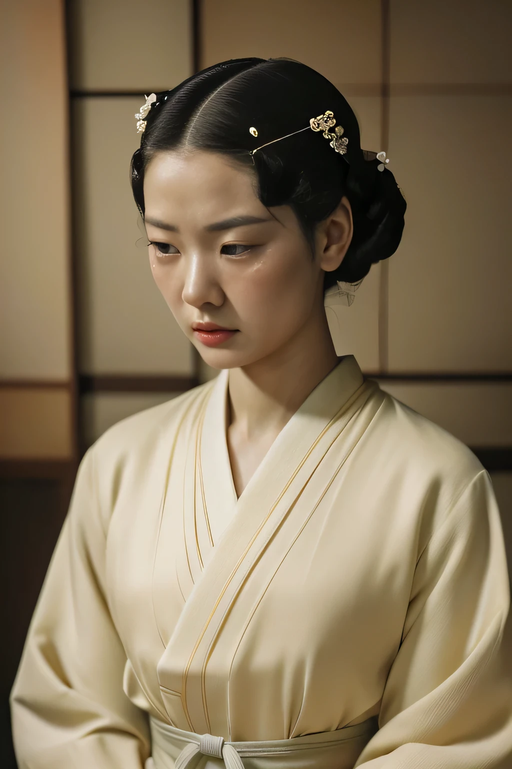 Kioto, 1949. A young ((((29-year-old)) Sayuri)), strikingly beautiful, delicate facial features, porcelain skin, expressive eyes, ((sad expression, crying)), ((((japanese clothings from the 1940s)))), ((hairstyle of the 1940s)), colorful
