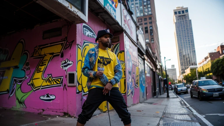 One man,south bronx hiphop, hip hop, wrap ,Graffiti art, against the backdrop of the city,(80&#39;s), (Boombox), Intricate details, Super detailed , Cinema Soft Light, Exposure Blending, Dynamic Range, front