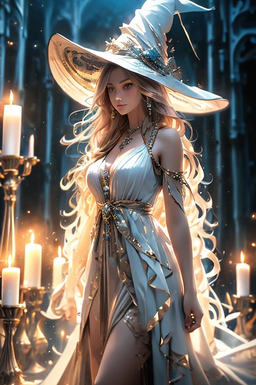 (highres,best quality:1.2),witch,armor,detailed eyes,long hair,spell casting pose,flowing robes,mysterious atmosphere,dark forest background,candlelight,golden jewelry