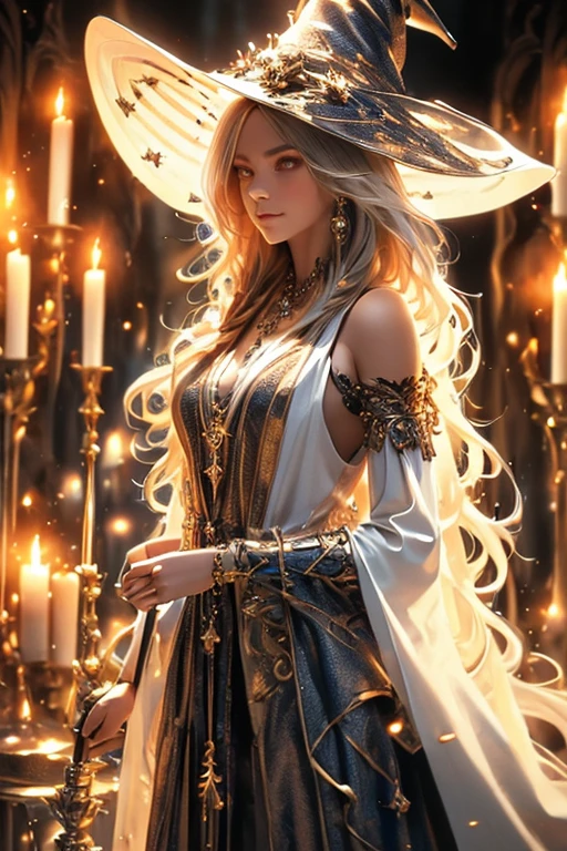 (highres,best quality:1.2),witch,armor,detailed eyes,long hair,spell casting pose,flowing robes,mysterious atmosphere,dark forest background,candlelight,golden jewelry