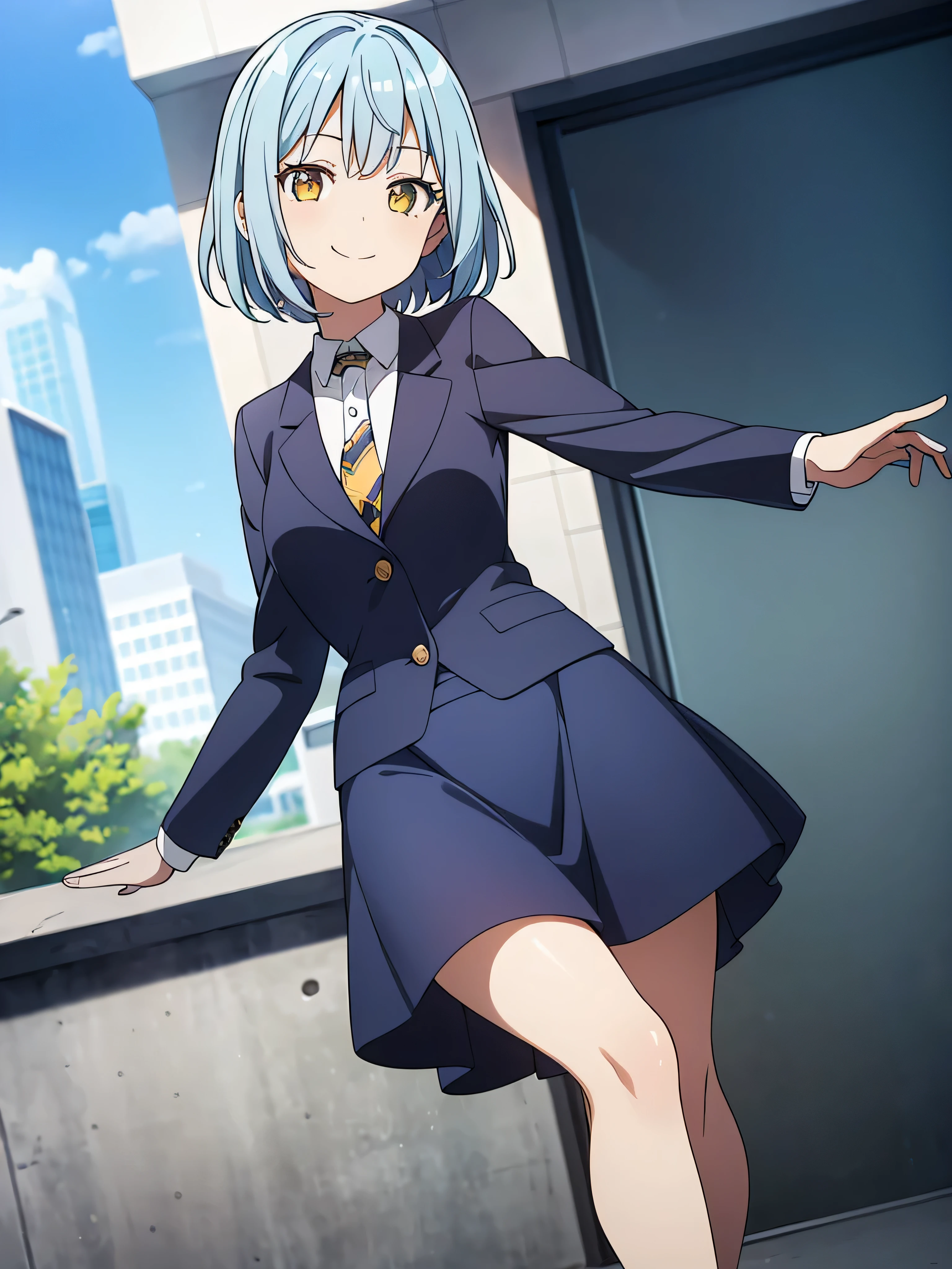 1 girl, short sky blue hair, have bangs, yellow eyes, wear navy blue suit, navy blue A-line skirt, detailed face, looking at viewer, big smile (masterpiece, best quality)