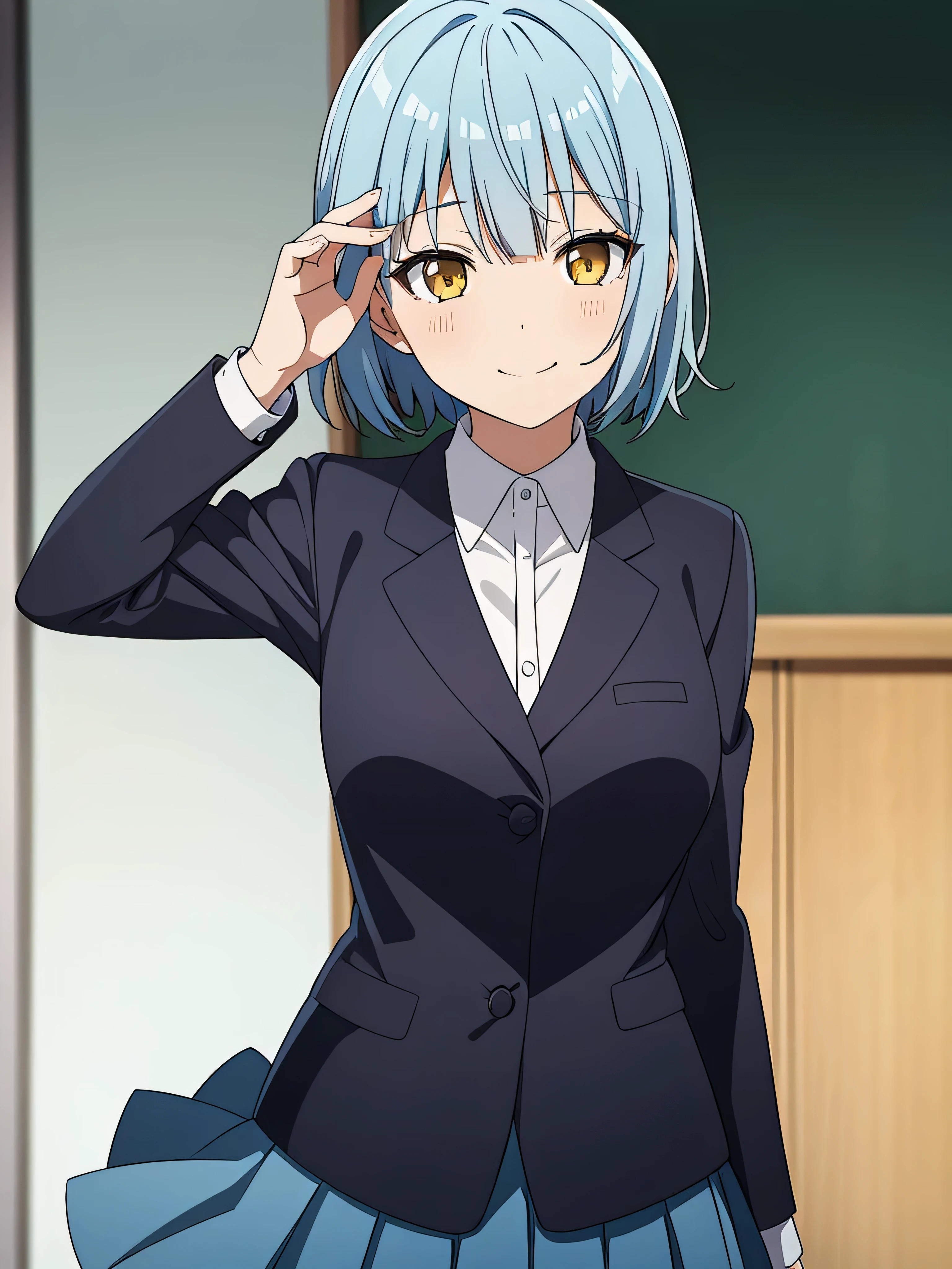 1 girl, short sky blue hair, have bangs, yellow eyes, wear navy blue suit, navy blue A-line skirt, detailed face, looking at viewer, big smile (masterpiece, best quality)