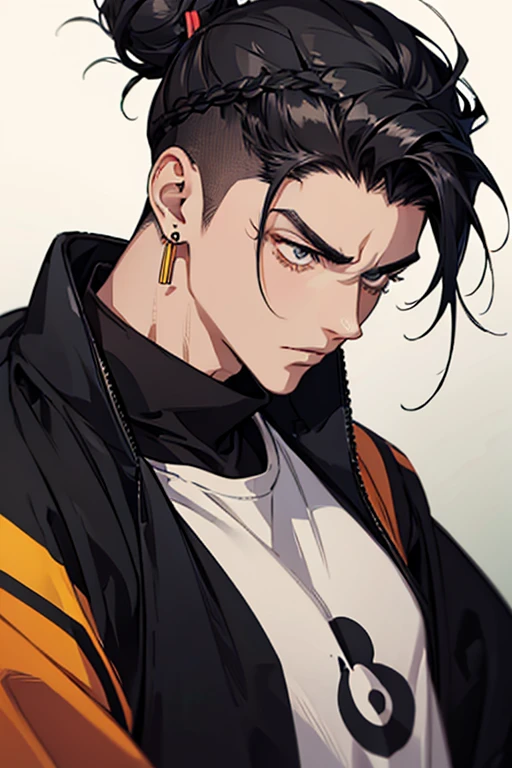 a handsome punk rock guitarist, short black hair, intense orange eyes, grinning, black clothes, quiff haircut, happy, neck tattoo number 9, muscles, close up shot, sexy pose
