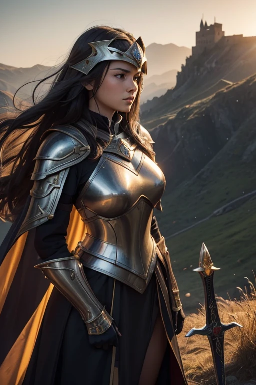 At the top of a steep hill, against the twilight horizon, an imposing figure stands with majesty. A woman, wearing full armor, stands at the highest point of the terrain, gazing determinedly into the valley below. Her helmet is adorned with intricate details, with a visor that reveals only her resolute eyes, shining with the golden light of the setting sun. Her armor, polished to an impeccable shine, is a masterpiece of craftsmanship, each plate meticulously forged to offer maximum protection without compromising mobility. Each piece gleams as it reflects the last rays of sunlight, creating a striking contrast with the somber landscape around her. In her right hand, she holds a longsword, whose gleaming blade seems eager to challenge any adversary that dares to cross her path. In the left, a shield adorned with a familiar crest, symbol of her lineage and heritage. The wind gently stirs the cape that envelops her shoulders, highlighting her firm and confident posture. She is a fearless warrior, a defender of her realm and her people, ready to face any challenge that fate may hold. Around her, the medieval scenery unfolds in all its grandeur. Castle towers rise against the orange-tinted sky, while verdant fields stretch as far as the eye can see. The distant sound of church bells and the clashing of swords echo through the air, reminding her of the constantly conflicted world she has sworn to protect. In this solemn moment, she prepares to descend the steep slope toward the valley below, where destiny awaits with its challenges and dangers. But she does not falter; her heart is filled with courage and determination, ready to face any battle that life may present her.