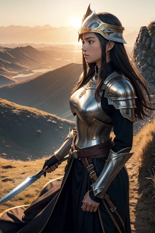 At the top of a steep hill, against the twilight horizon, an imposing figure stands with majesty. A woman, wearing full armor, stands at the highest point of the terrain, gazing determinedly into the valley below. Her helmet is adorned with intricate details, with a visor that reveals only her resolute eyes, shining with the golden light of the setting sun. Her armor, polished to an impeccable shine, is a masterpiece of craftsmanship, each plate meticulously forged to offer maximum protection without compromising mobility. Each piece gleams as it reflects the last rays of sunlight, creating a striking contrast with the somber landscape around her. In her right hand, she holds a longsword, whose gleaming blade seems eager to challenge any adversary that dares to cross her path. In the left, a shield adorned with a familiar crest, symbol of her lineage and heritage. The wind gently stirs the cape that envelops her shoulders, highlighting her firm and confident posture. She is a fearless warrior, a defender of her realm and her people, ready to face any challenge that fate may hold. Around her, the medieval scenery unfolds in all its grandeur. Castle towers rise against the orange-tinted sky, while verdant fields stretch as far as the eye can see. The distant sound of church bells and the clashing of swords echo through the air, reminding her of the constantly conflicted world she has sworn to protect. In this solemn moment, she prepares to descend the steep slope toward the valley below, where destiny awaits with its challenges and dangers. But she does not falter; her heart is filled with courage and determination, ready to face any battle that life may present her.