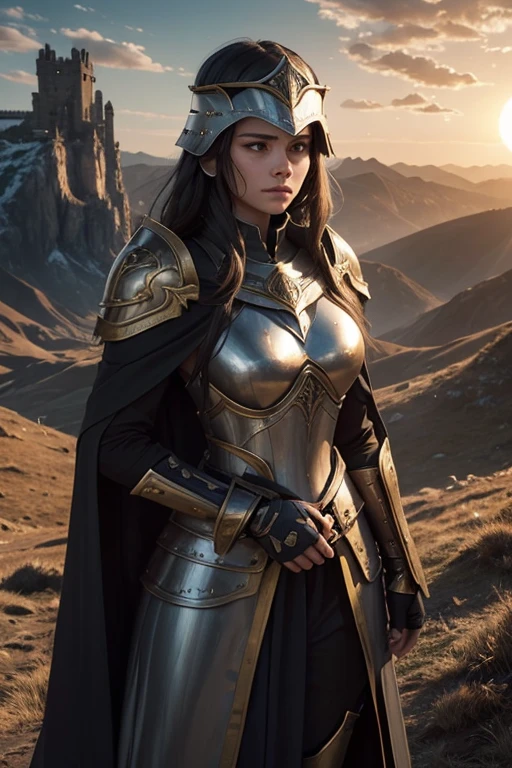 At the top of a steep hill, against the twilight horizon, an imposing figure stands with majesty. A woman, wearing full armor, stands at the highest point of the terrain, gazing determinedly into the valley below. Her helmet is adorned with intricate details, with a visor that reveals only her resolute eyes, shining with the golden light of the setting sun. Her armor, polished to an impeccable shine, is a masterpiece of craftsmanship, each plate meticulously forged to offer maximum protection without compromising mobility. Each piece gleams as it reflects the last rays of sunlight, creating a striking contrast with the somber landscape around her. In her right hand, she holds a longsword, whose gleaming blade seems eager to challenge any adversary that dares to cross her path. In the left, a shield adorned with a familiar crest, symbol of her lineage and heritage. The wind gently stirs the cape that envelops her shoulders, highlighting her firm and confident posture. She is a fearless warrior, a defender of her realm and her people, ready to face any challenge that fate may hold. Around her, the medieval scenery unfolds in all its grandeur. Castle towers rise against the orange-tinted sky, while verdant fields stretch as far as the eye can see. The distant sound of church bells and the clashing of swords echo through the air, reminding her of the constantly conflicted world she has sworn to protect. In this solemn moment, she prepares to descend the steep slope toward the valley below, where destiny awaits with its challenges and dangers. But she does not falter; her heart is filled with courage and determination, ready to face any battle that life may present her.