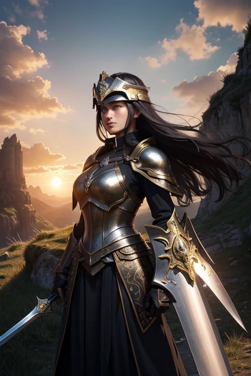 At the top of a steep hill, against the twilight horizon, an imposing figure stands with majesty. A woman, wearing full armor, stands at the highest point of the terrain, gazing determinedly into the valley below. Her helmet is adorned with intricate details, with a visor that reveals only her resolute eyes, shining with the golden light of the setting sun. Her armor, polished to an impeccable shine, is a masterpiece of craftsmanship, each plate meticulously forged to offer maximum protection without compromising mobility. Each piece gleams as it reflects the last rays of sunlight, creating a striking contrast with the somber landscape around her. In her right hand, she holds a longsword, whose gleaming blade seems eager to challenge any adversary that dares to cross her path. In the left, a shield adorned with a familiar crest, symbol of her lineage and heritage. The wind gently stirs the cape that envelops her shoulders, highlighting her firm and confident posture. She is a fearless warrior, a defender of her realm and her people, ready to face any challenge that fate may hold. Around her, the medieval scenery unfolds in all its grandeur. Castle towers rise against the orange-tinted sky, while verdant fields stretch as far as the eye can see. The distant sound of church bells and the clashing of swords echo through the air, reminding her of the constantly conflicted world she has sworn to protect. In this solemn moment, she prepares to descend the steep slope toward the valley below, where destiny awaits with its challenges and dangers. But she does not falter; her heart is filled with courage and determination, ready to face any battle that life may present her.