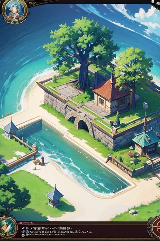 fantasy world, estilo isekai de anime, zona de comercio en la playa, estilo pixel art