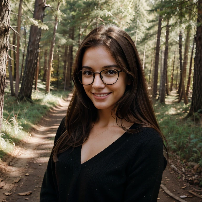 Beautiful, brown haired, woman, perfect face, smiling, wearing black regular glasses, in the woods hiking