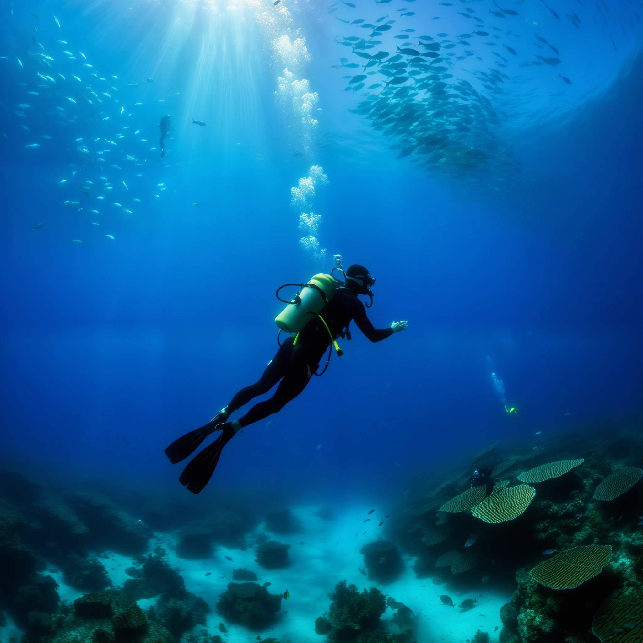 ((buceador profesional, snorkel, swimsuit, plano general, nadando bajo el agua:1.5)), ((explorando el fondo del mar:1.5)), peses, algas, arrecife, hermoso paisaje marino, luz del sol distorsionado por el agua, burbujas intentando subir a la superficie, beautiful shadows and lights caused by the distortion of the water, obra maestra, High Definition, nitidez, magical, epic, cinematic lighting, la mejor calidad posible, impecable imagen, 32k.
